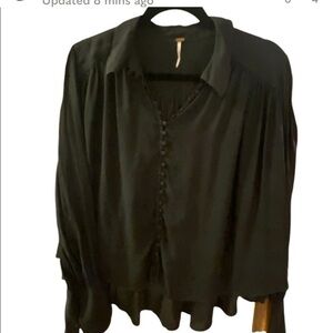 Free People Black/ Charcoal Grey Oversized Pleated Ruffle Sleeve Top, Small